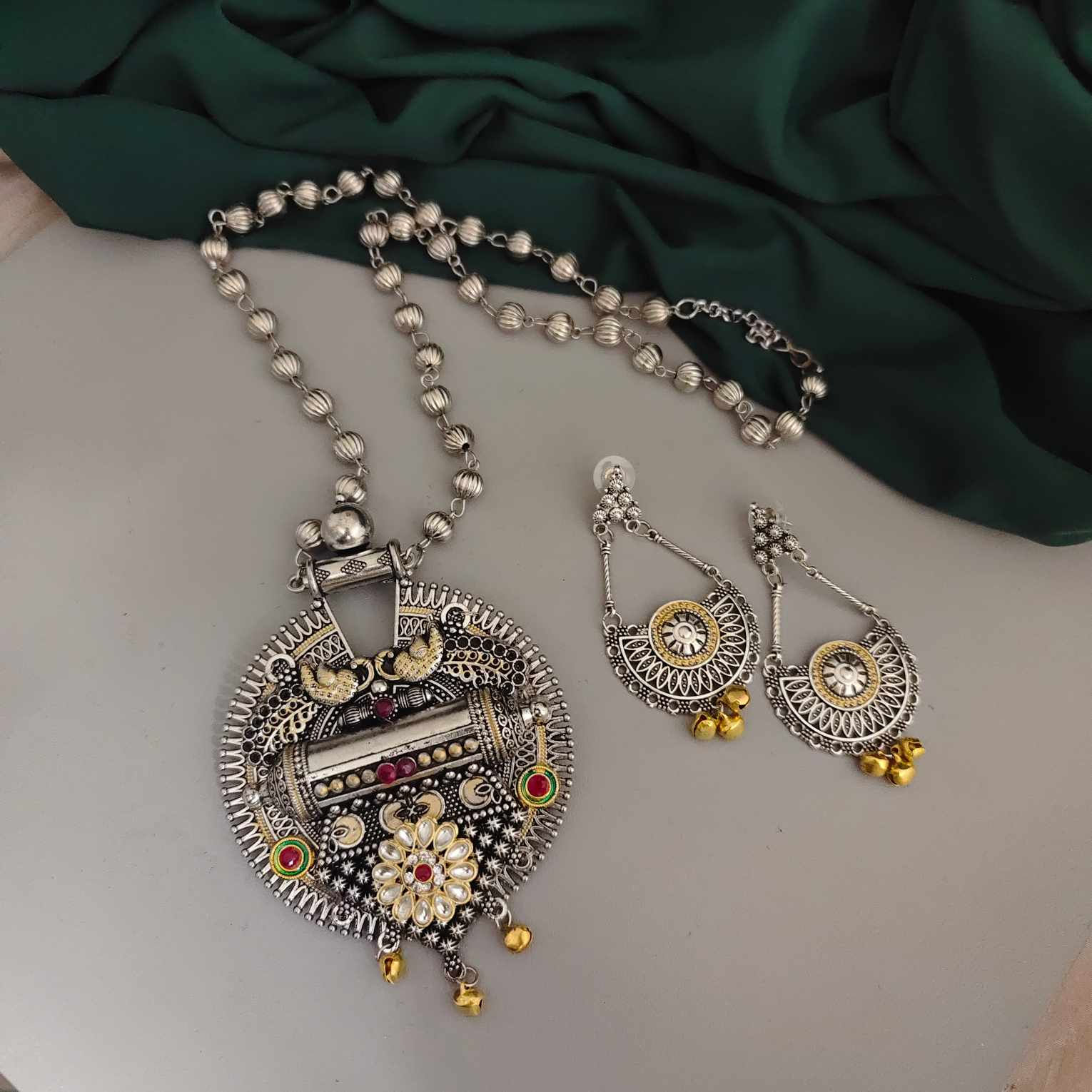 SWARNIMA Oxidised Dual Tone Necklace Earrings Set fusion vogue