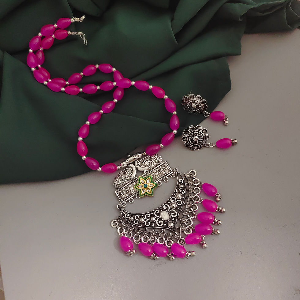 Thumbnail: Oxidsed Glass Beads Long Necklace Earrings Set
