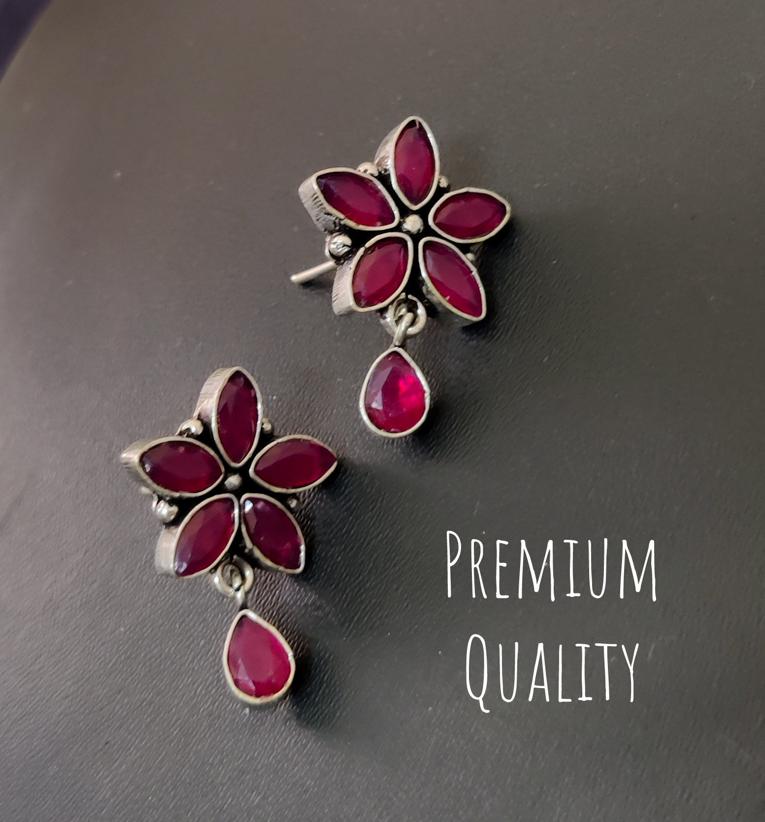 Semi Precious Stone Pink Flower Stud Earrings