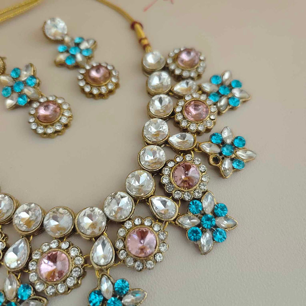 Thumbnail: Noor-e-Gul Sparking Glass Stone Necklace Earrings Set fusion vogue