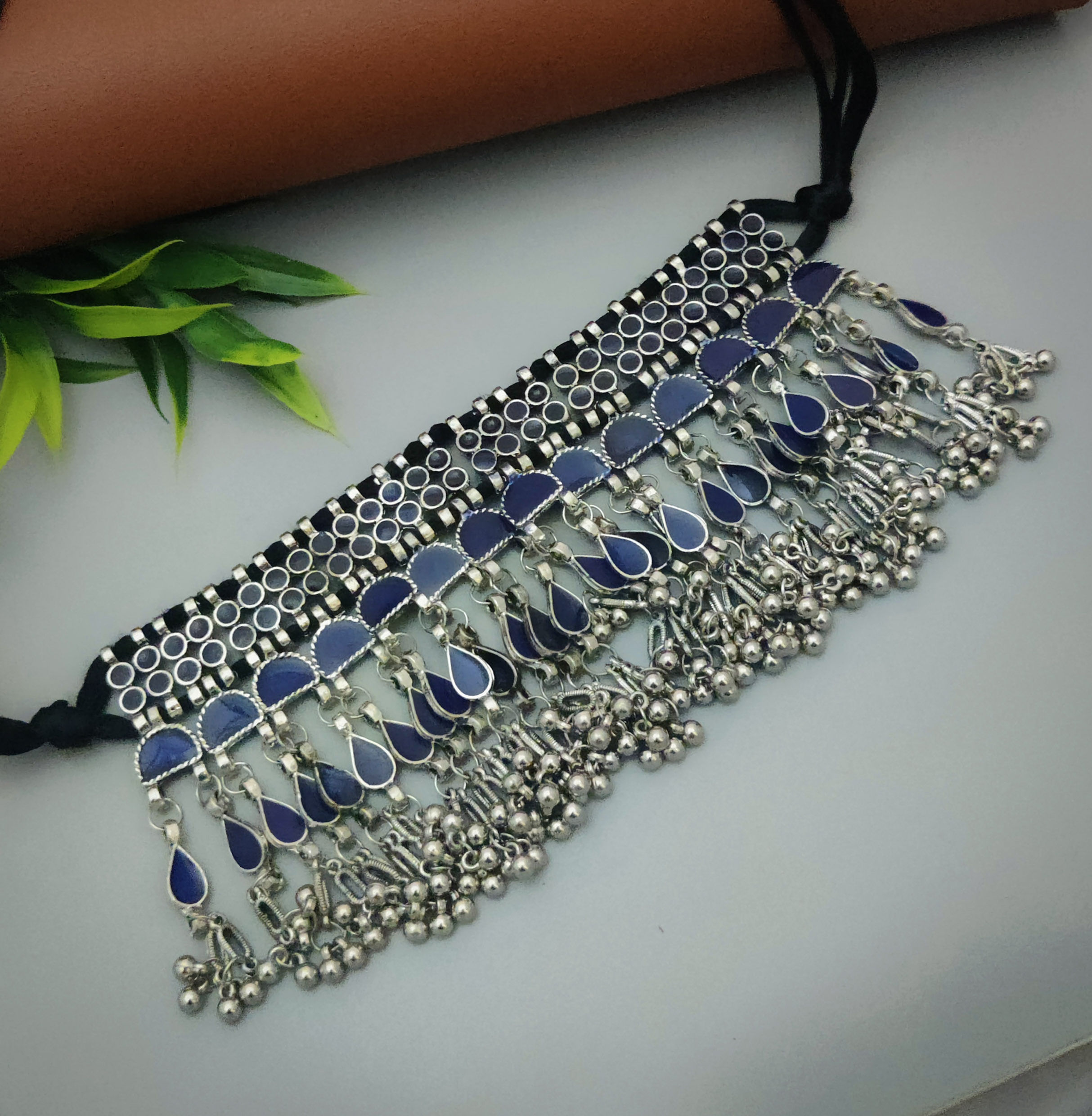 boho meenakari blue choker necklace earrings set