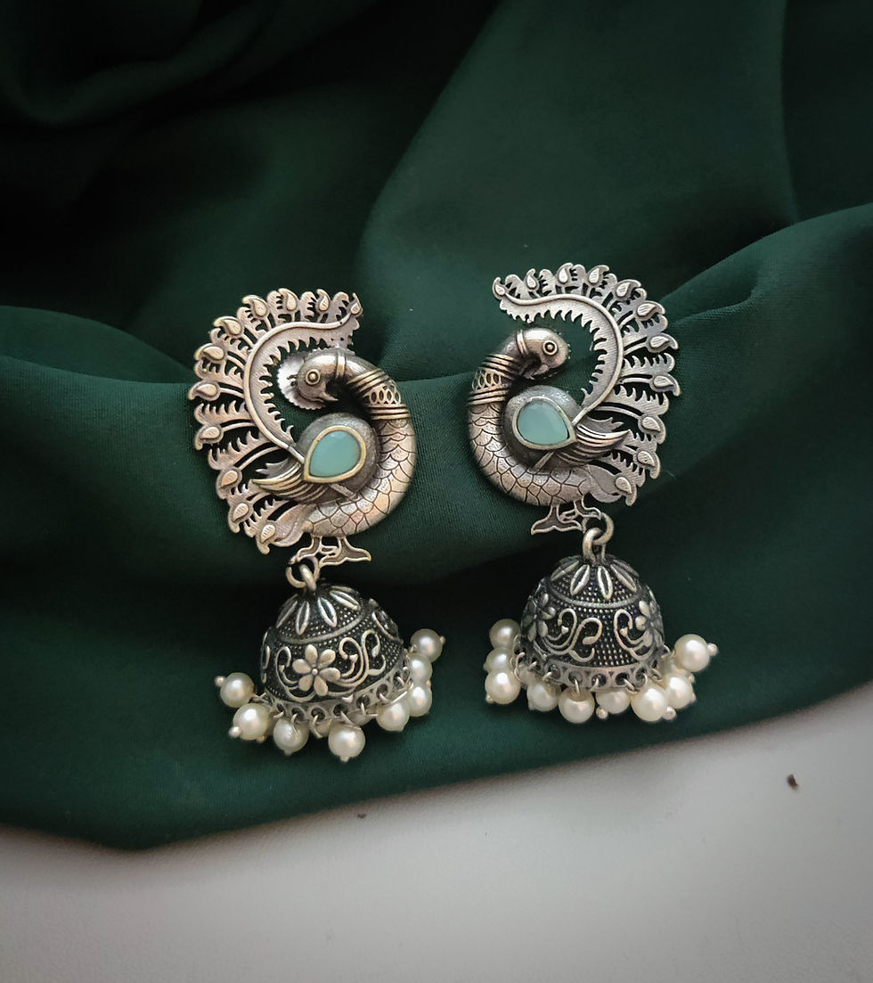 Premium quality Silver Replica Peacock Jhumka earrings -mint