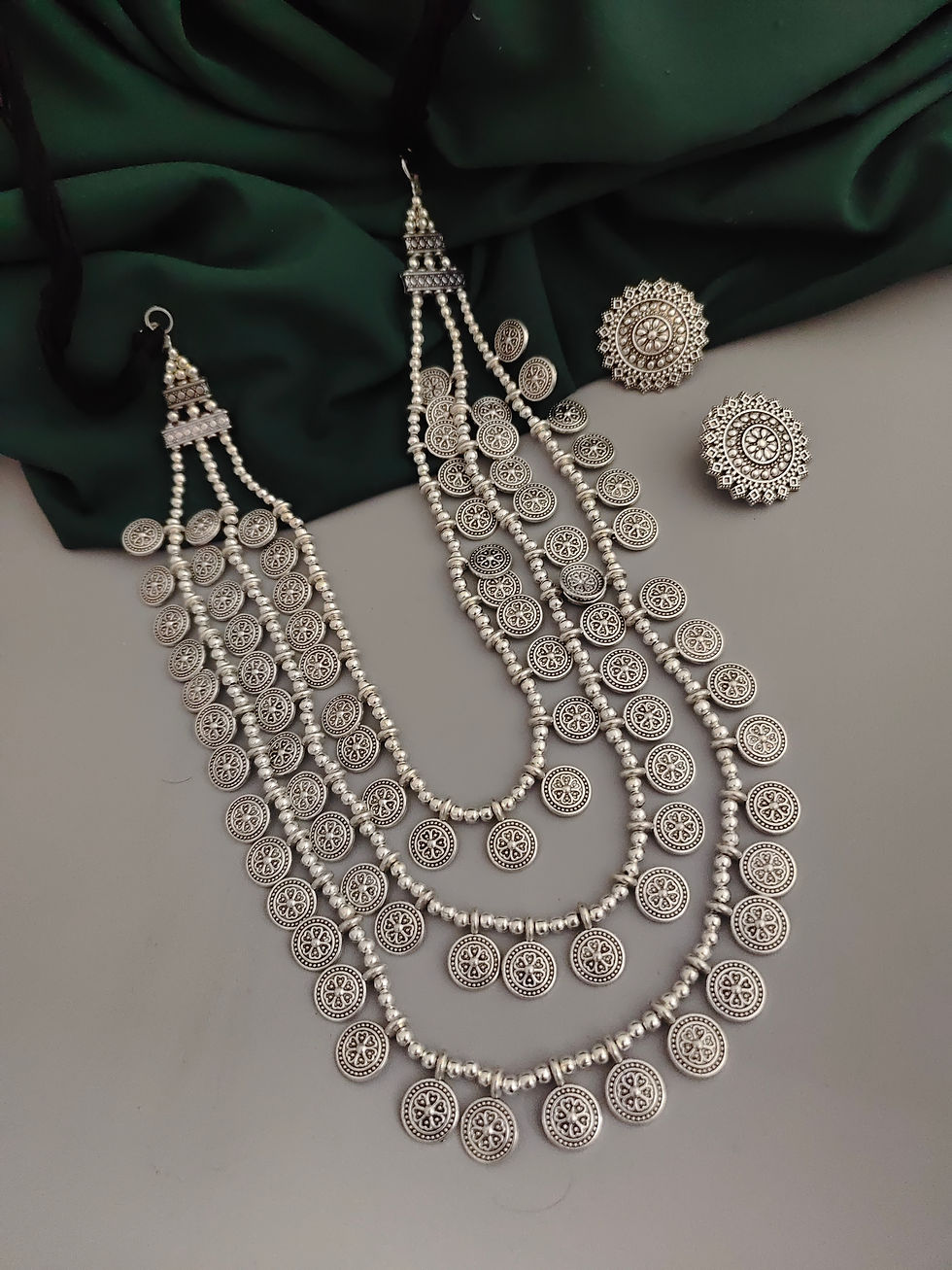 Oxidised 3 layer Necklace Earrings Set