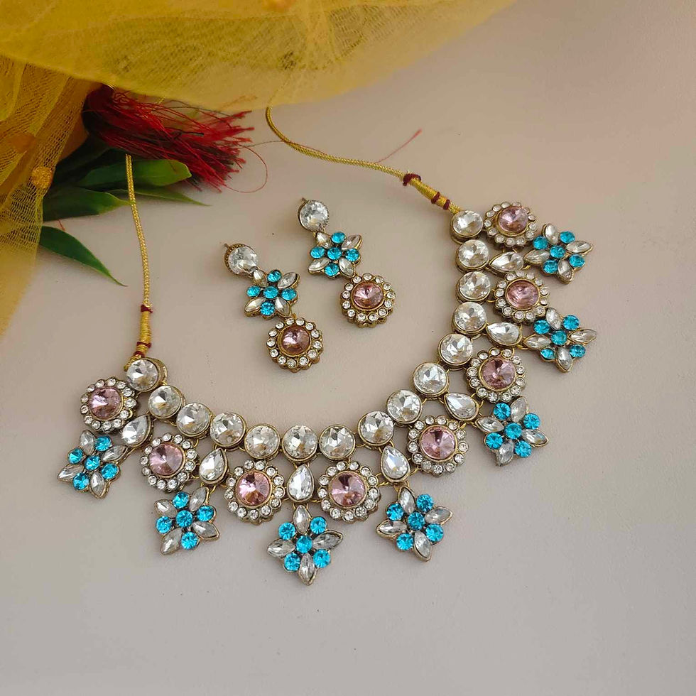 Thumbnail: Noor-e-Gul Sparking Glass Stone Necklace Earrings Set fusion vogue