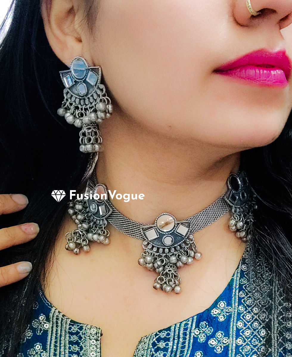 Thumbnail: fusion vogue german silver oxidised mirror necklace earring set