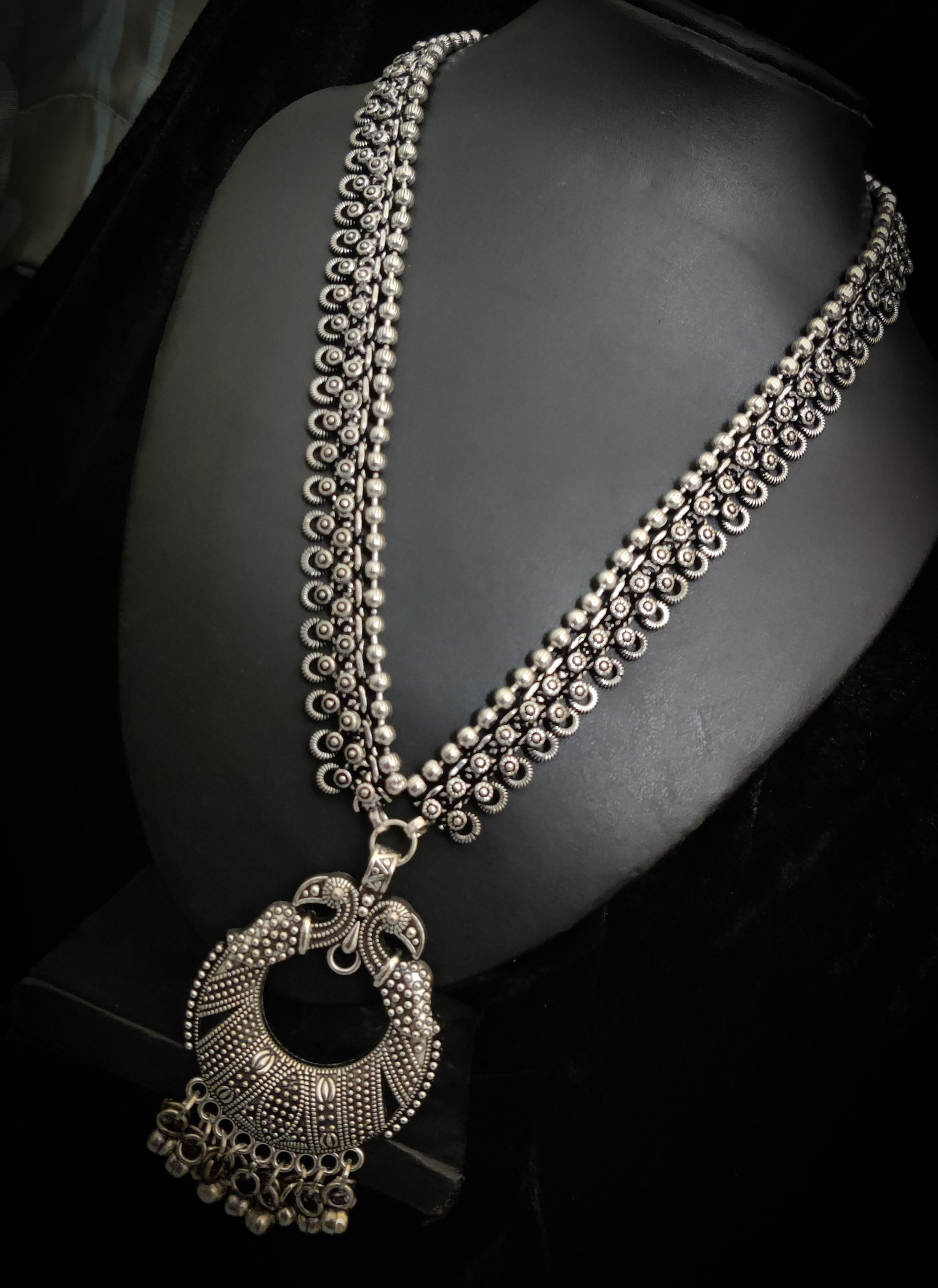 Oxidized German silver long chain necklace