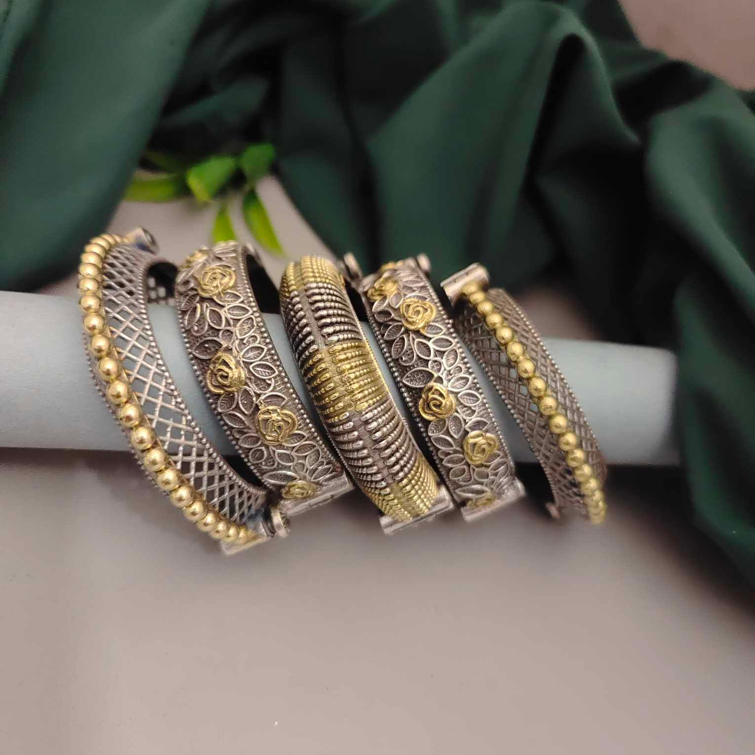 Vintage Floral Mesh Oxidised Kada Bangles Stack fusion vogue