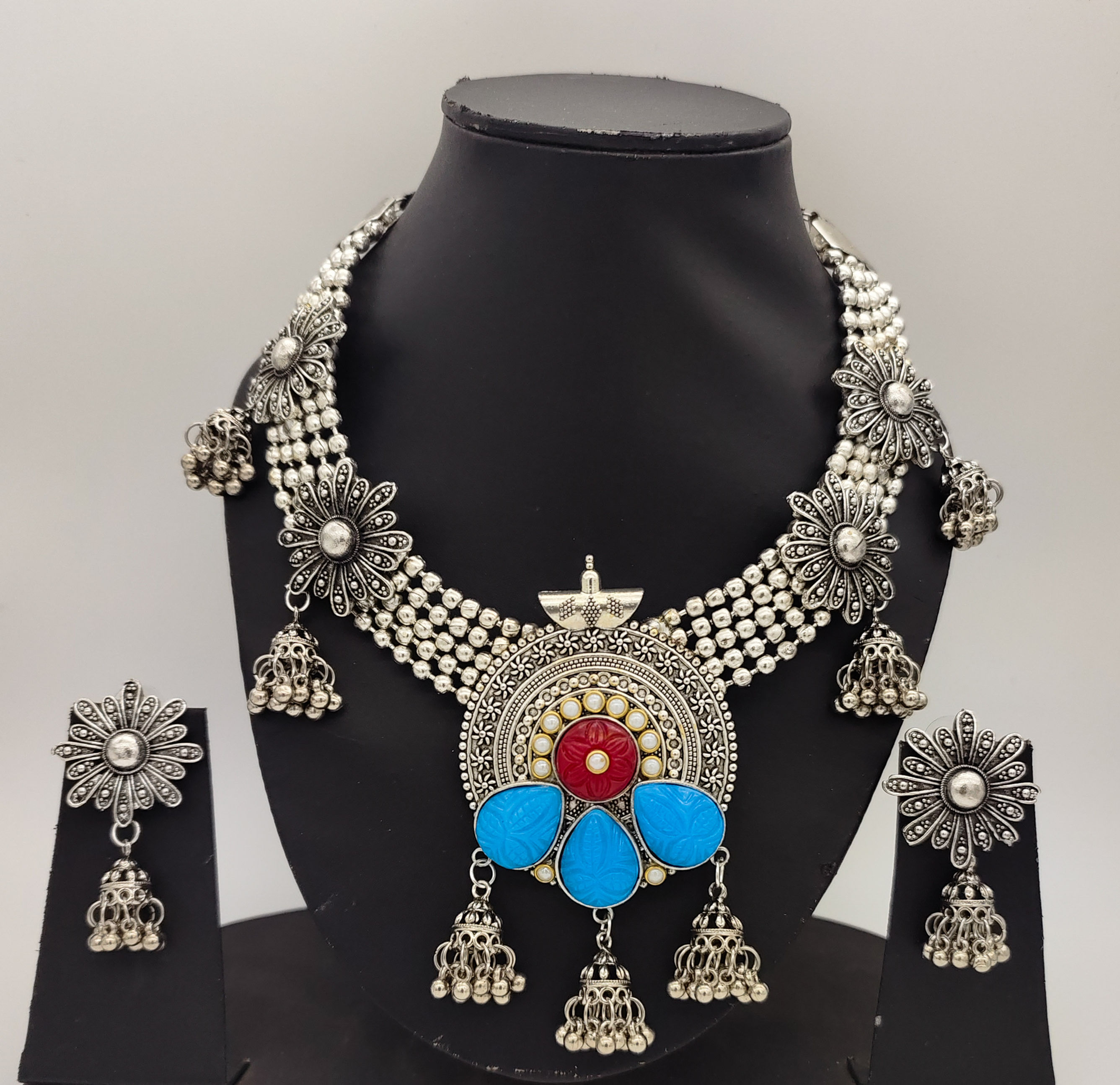 Oxidised jhumki engrave Stone Necklace Earrings Set 