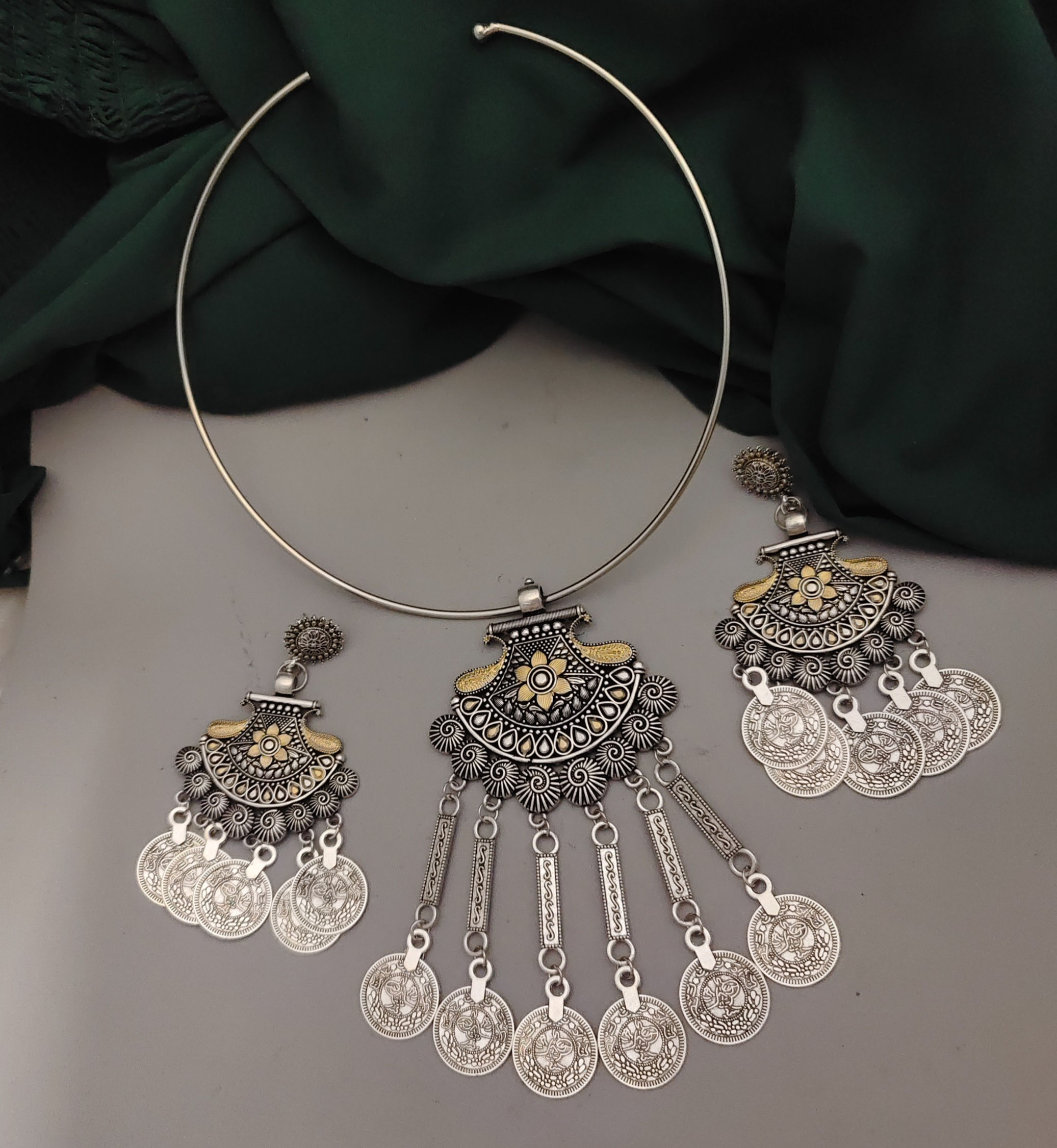 Oxidised Two tone Hasli Necklace Earrings Set