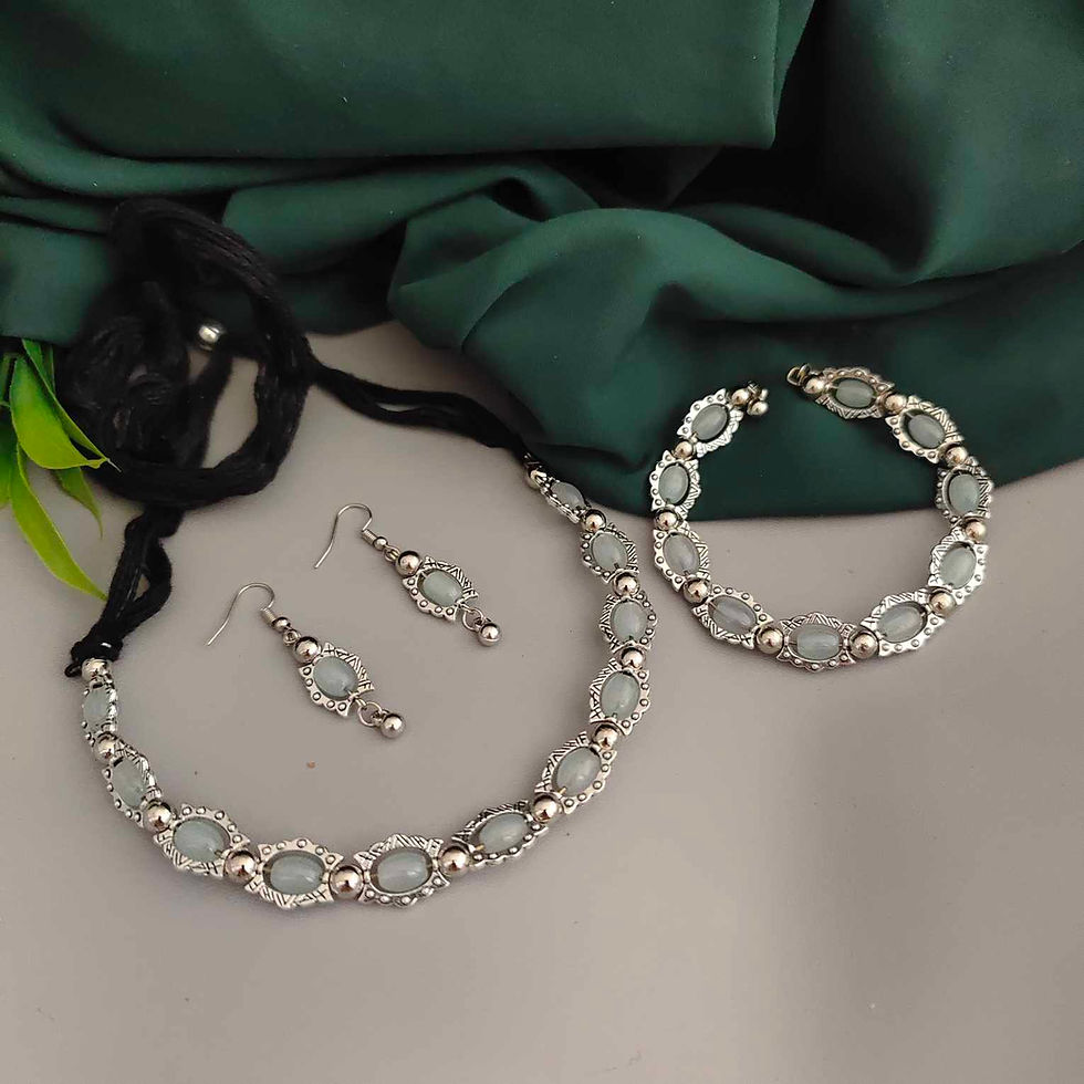 Thumbnail: RUDHIRA Oxidised Glass mint Beads Jewellery Set fusion vogue