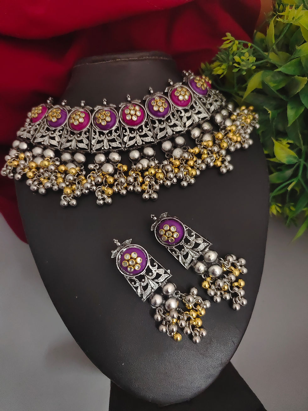 Oxidized Two tone Choker Necklace Earrings Set - Pink