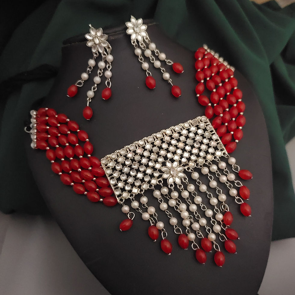 Thumbnail: Oxidised  Beads Choker Necklace Earrings set- red