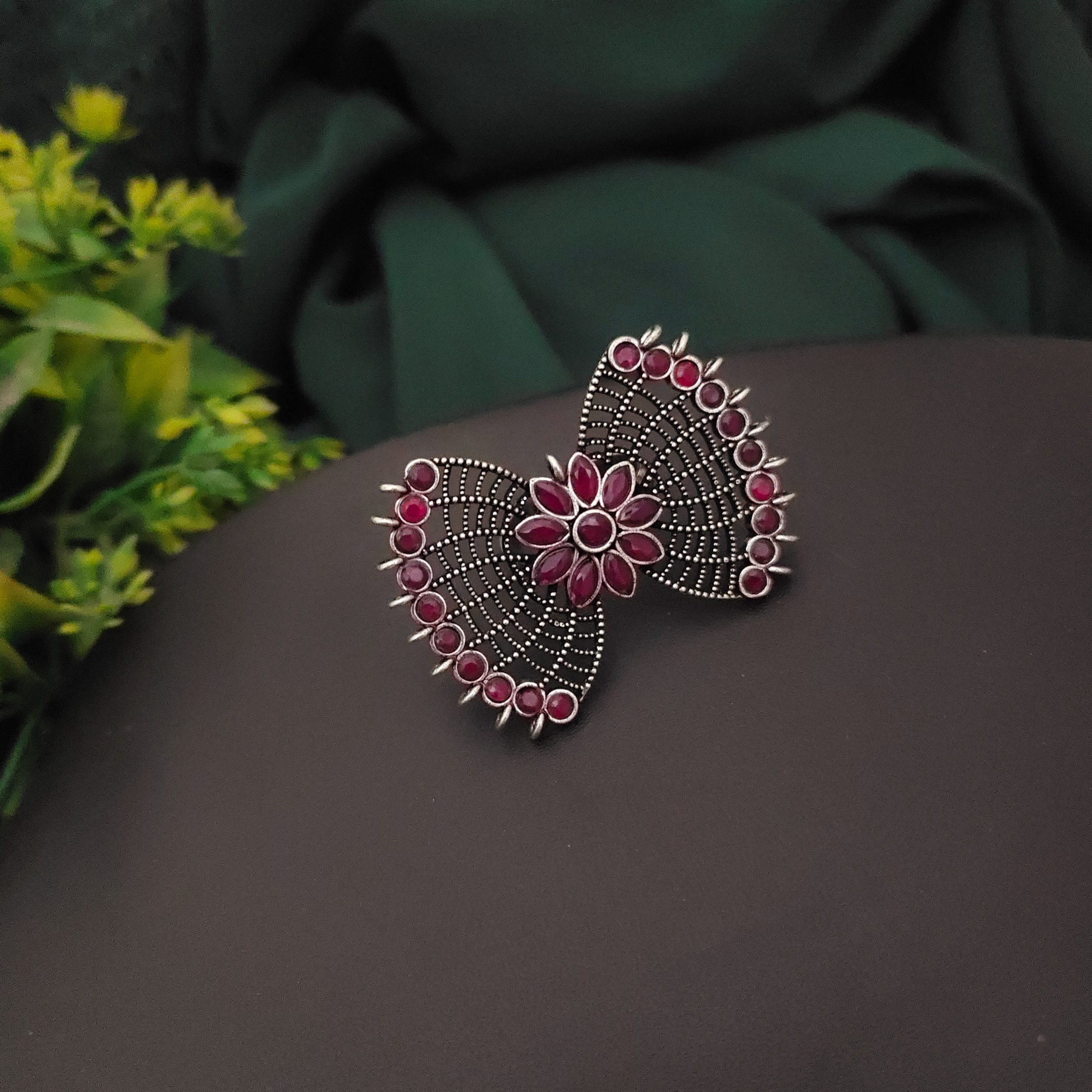 Oxidised semi precious stone Bow adjustable Rings- Red