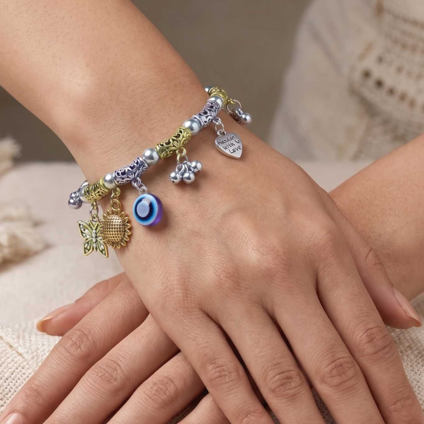 Evil Eye & Butterfly Charm Silver Chain Bracelet fusion vogue