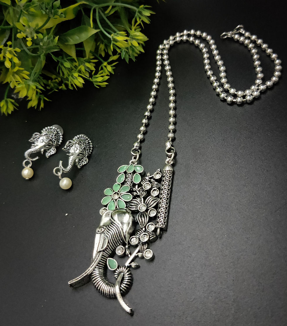 Oxidized Long Ganesha jewellery Set - Mint