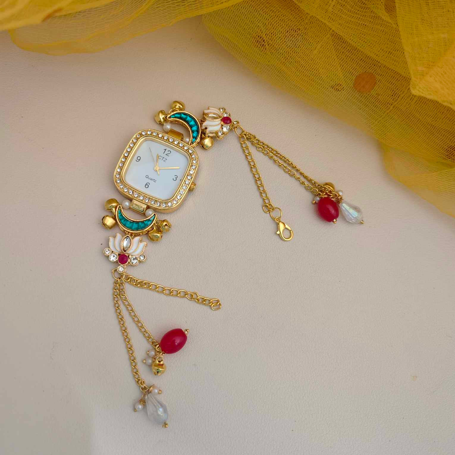 Turquoise Moon Lotus Square Kashmiri Bracelet Watch