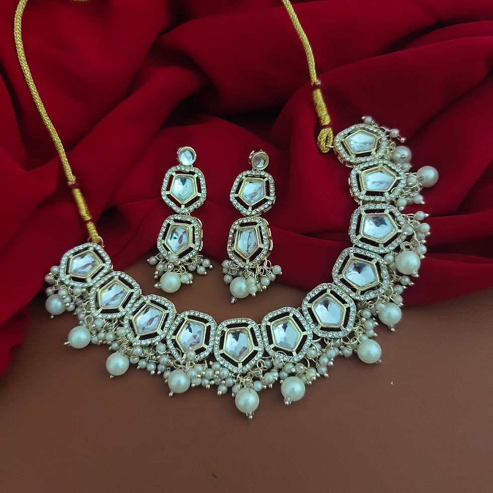 Kundan Pearl Choker Necklace Earrings Set