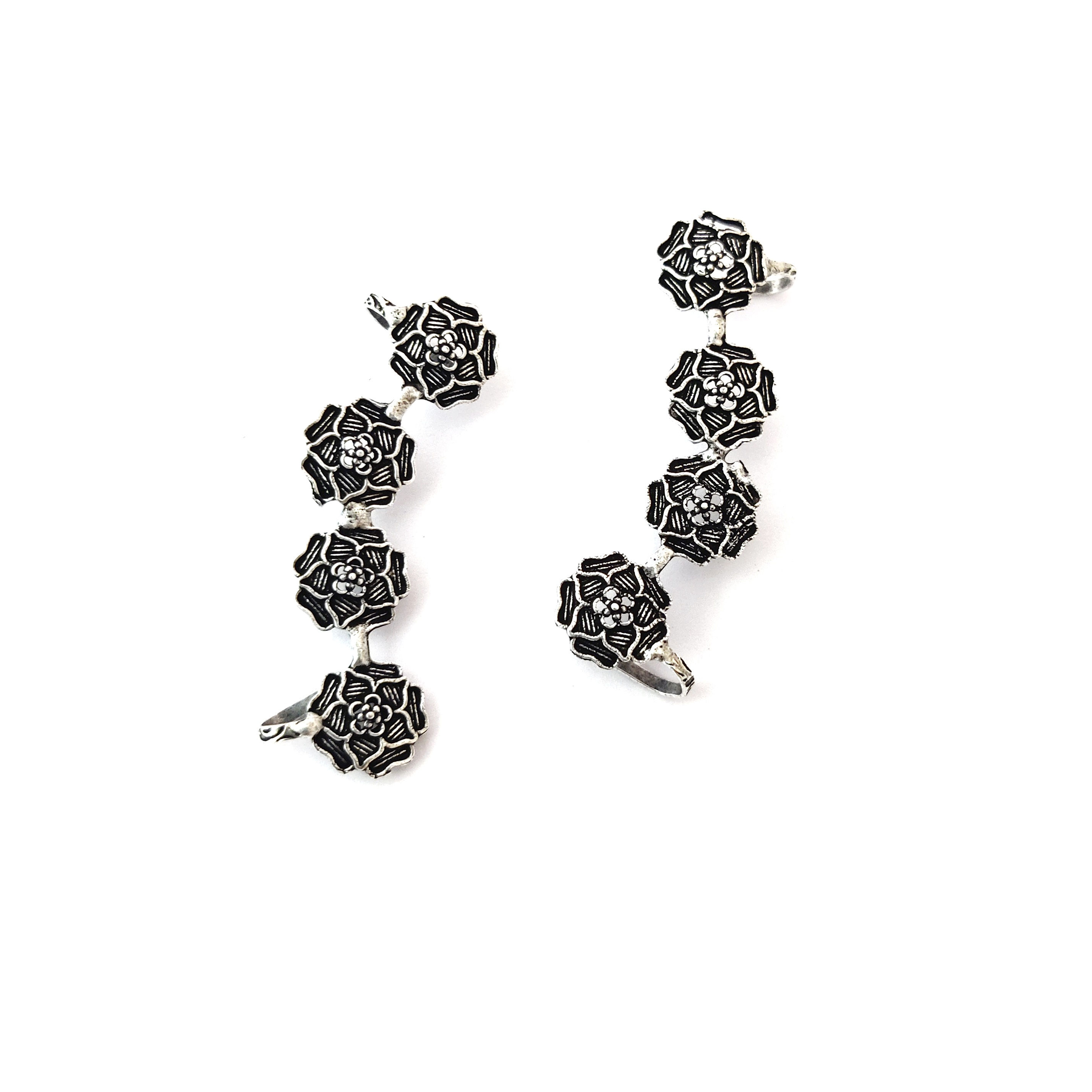 Oxidized german silver rose ear-clips earrings