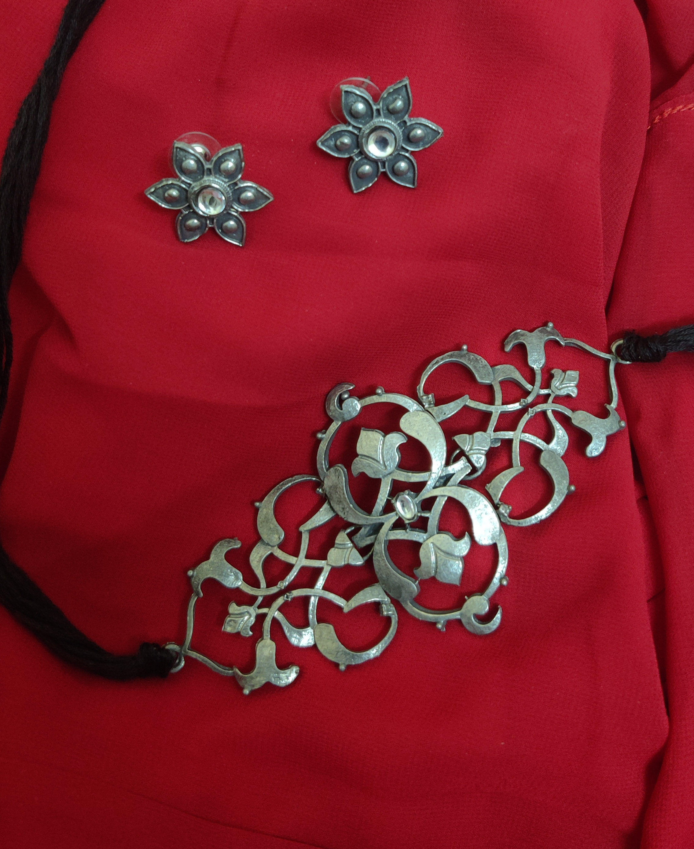 Oxidized black polish choker necklace earrings set