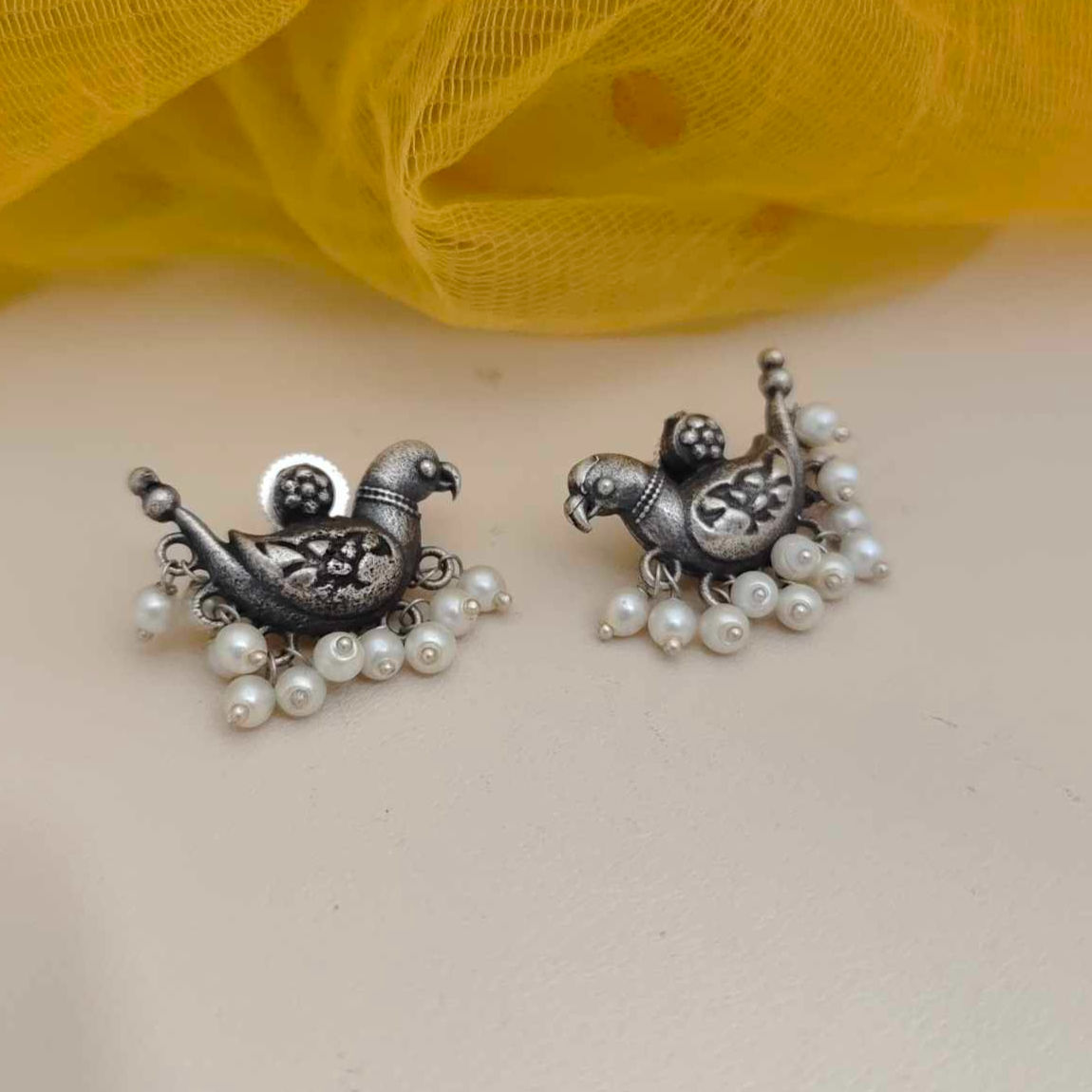 PANKHURI Oxidised Bird Pearl Stud Earrings fusion vogue