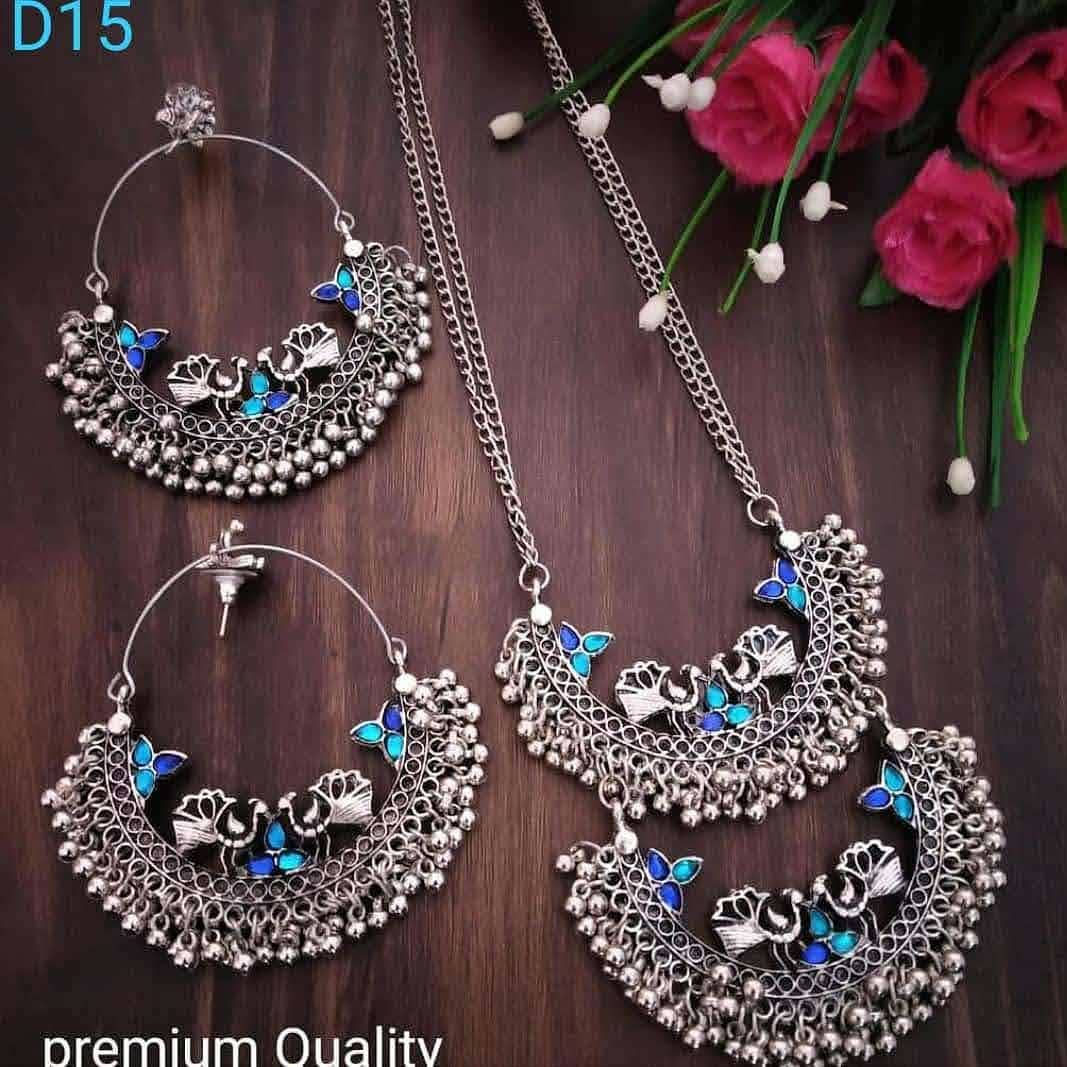 Stylish Blue Long Chain Necklace with Chandbali earrings