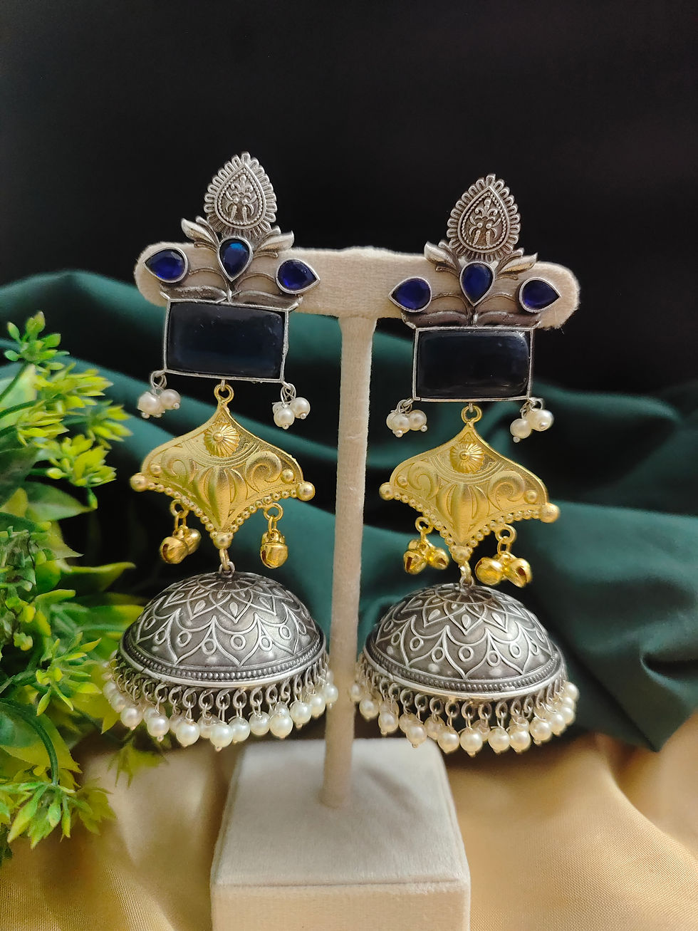 Thumbnail: SHANAYA Silver Replica Two tone Jhumka Earrings