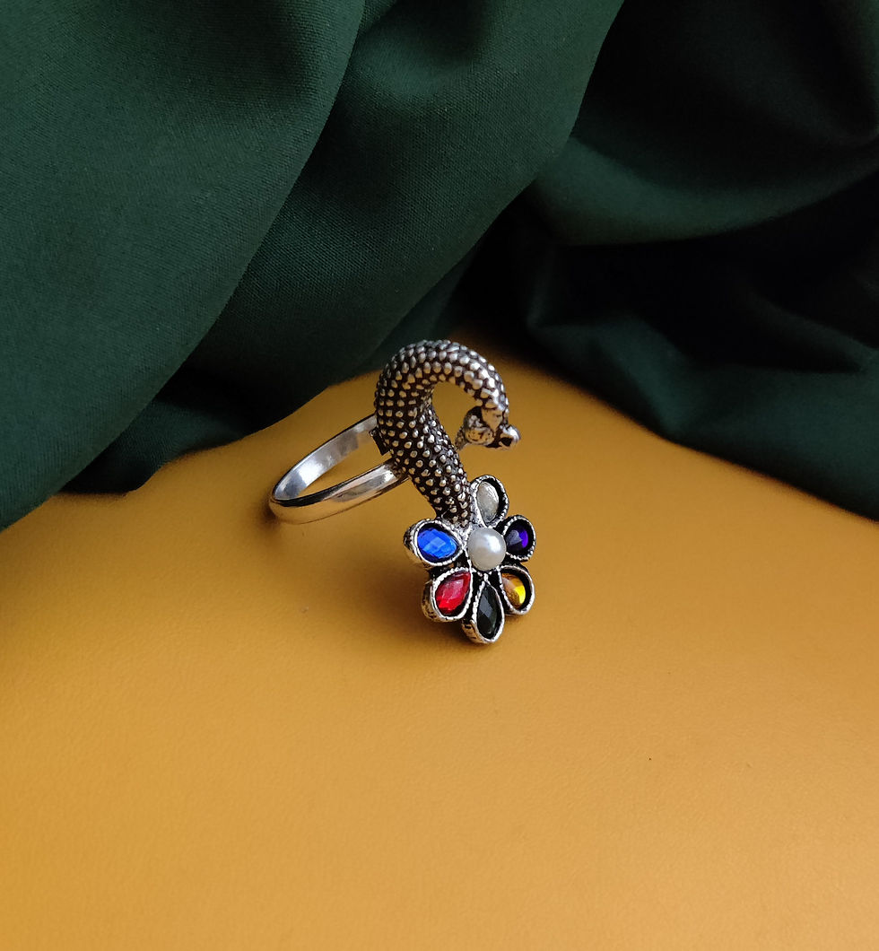 Oxidised Peacock Flower Ring - Multi
