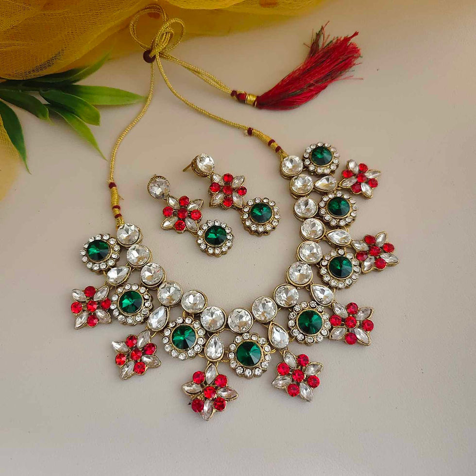 Thumbnail: Noor-e-Gul Sparking Glass Stone Necklace Earrings Set fusion vogue