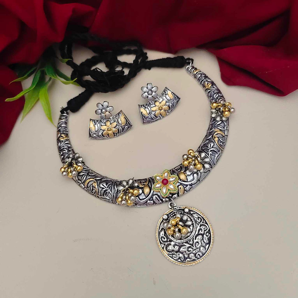 BAANI Oxidised Dual Tone Necklace Earrings Set fusion vogue