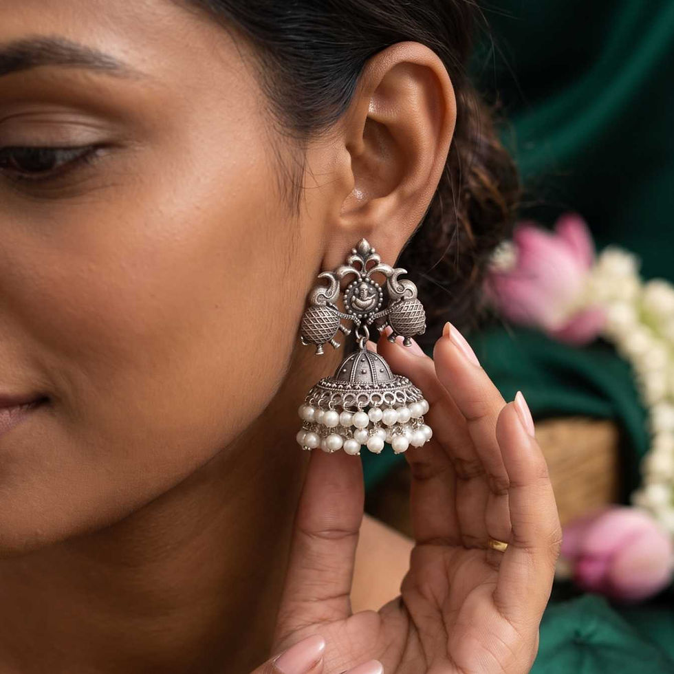 Antique Silver Pearl Hanging Elephant Jhumka Earrings Fusion vogue