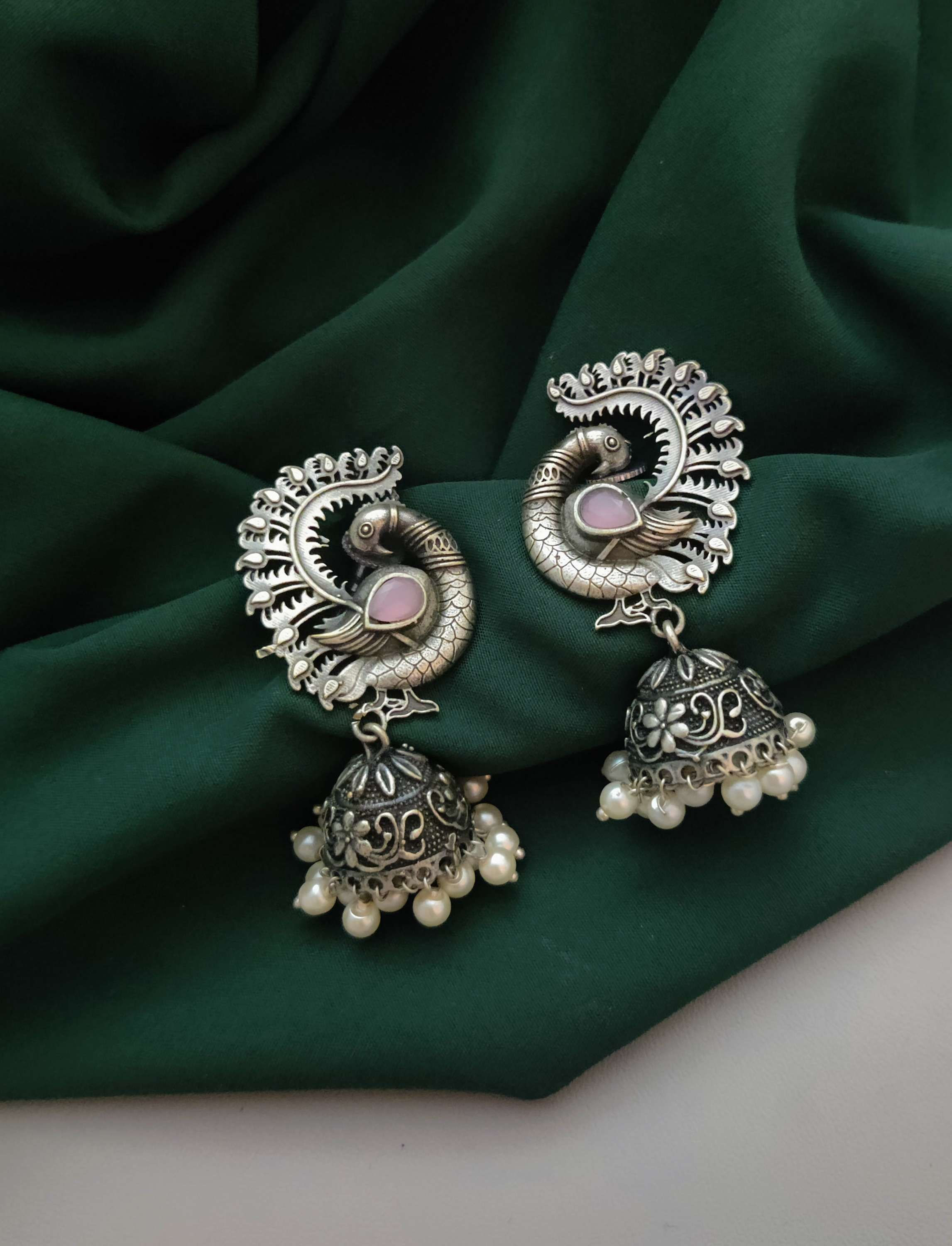 Premium quality Silver Replica Peacock Jhumka earrings - Pink