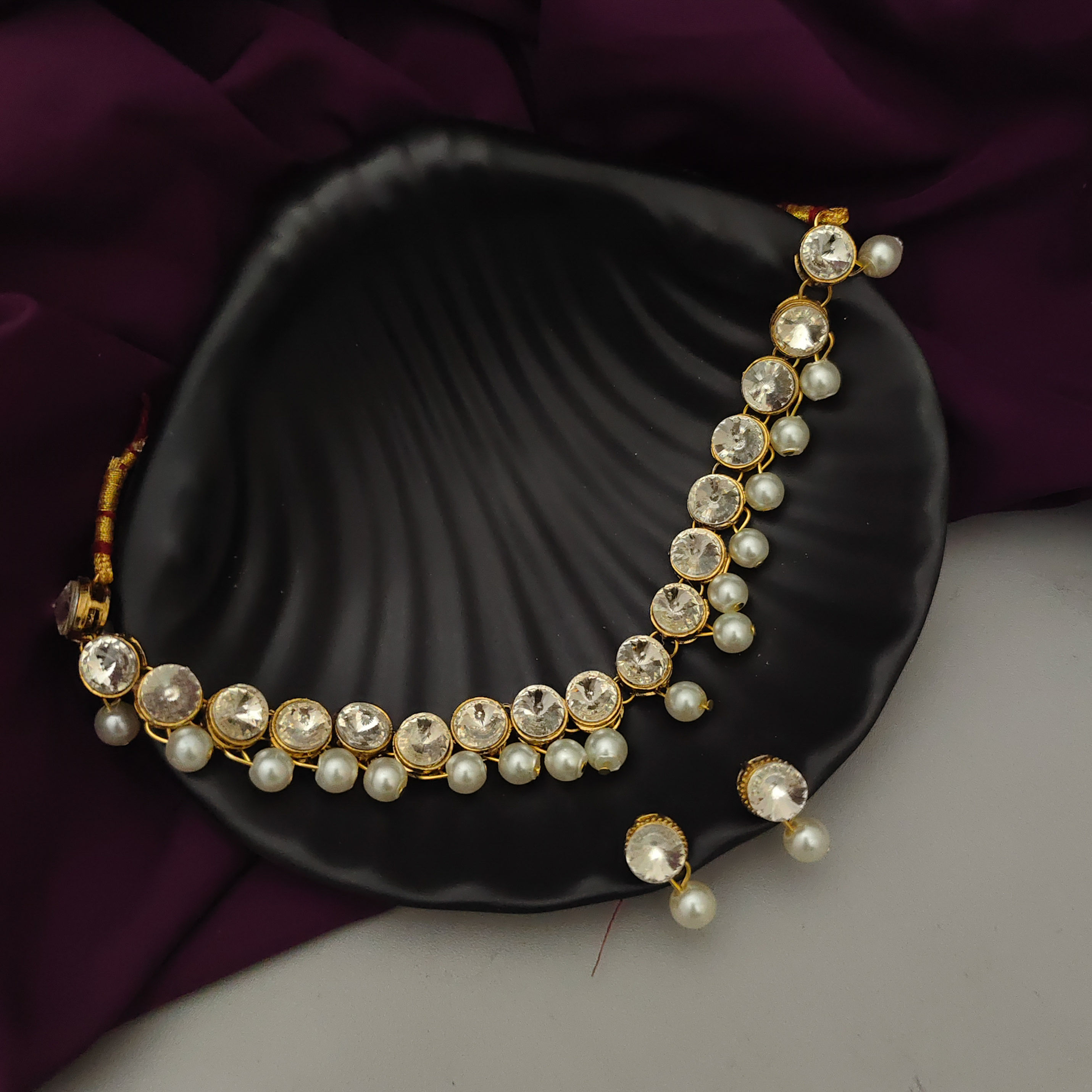Kundan Choker Necklace Earrings Set- Pearl