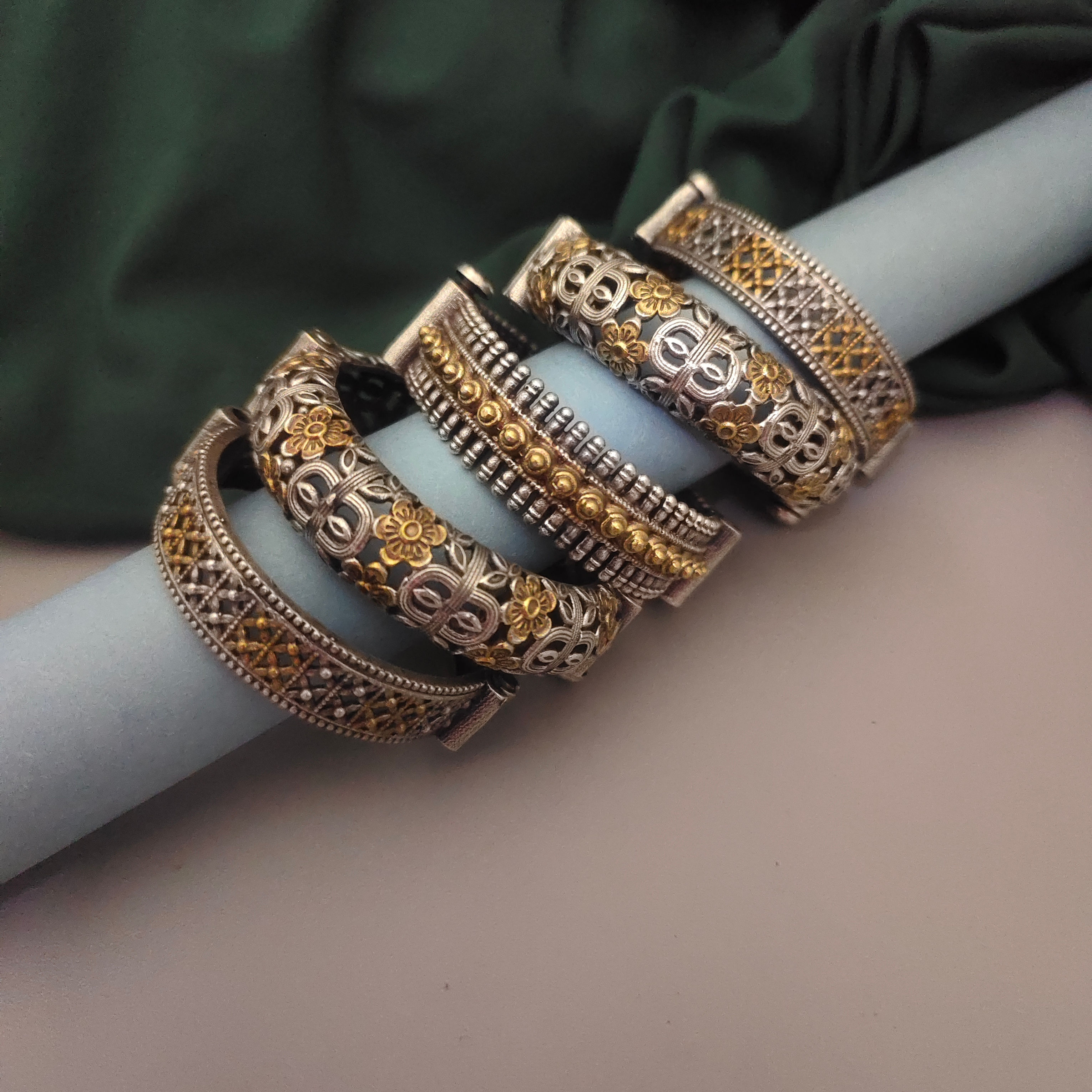 KANIKA Silver Replica Two Tone Bangles Stack