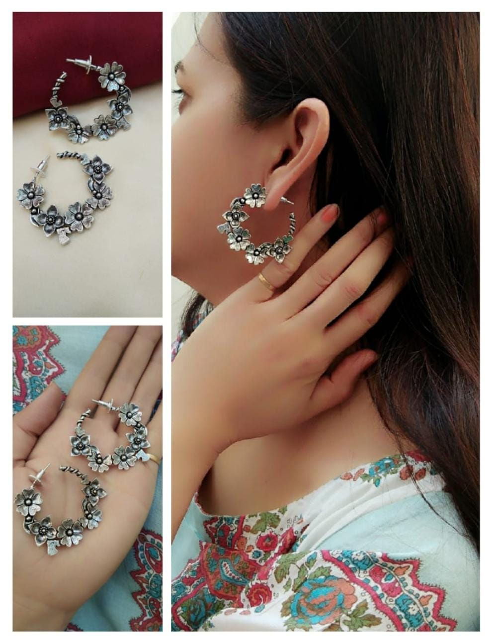 Oxidized flower special hoops earrings