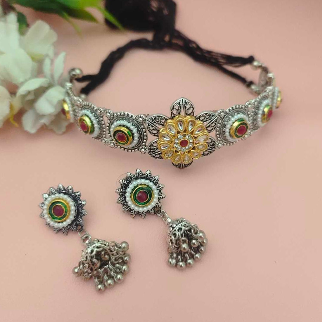 MRIGNAYANI Oxidised Choker Necklace Earrings Set fusion vogue