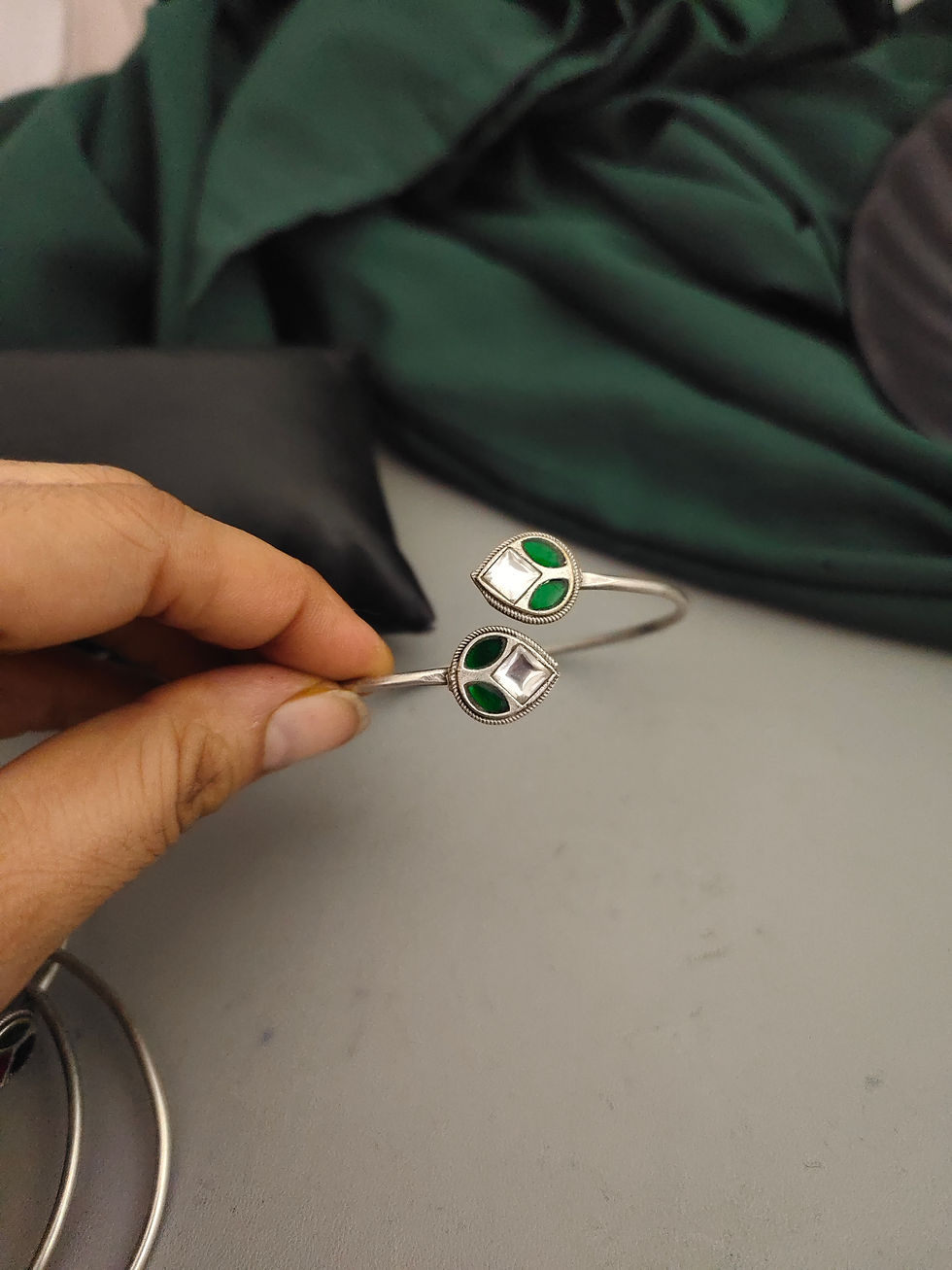 Pachhi Kundan Silver Lookalike Adjustable Bracelet- 04