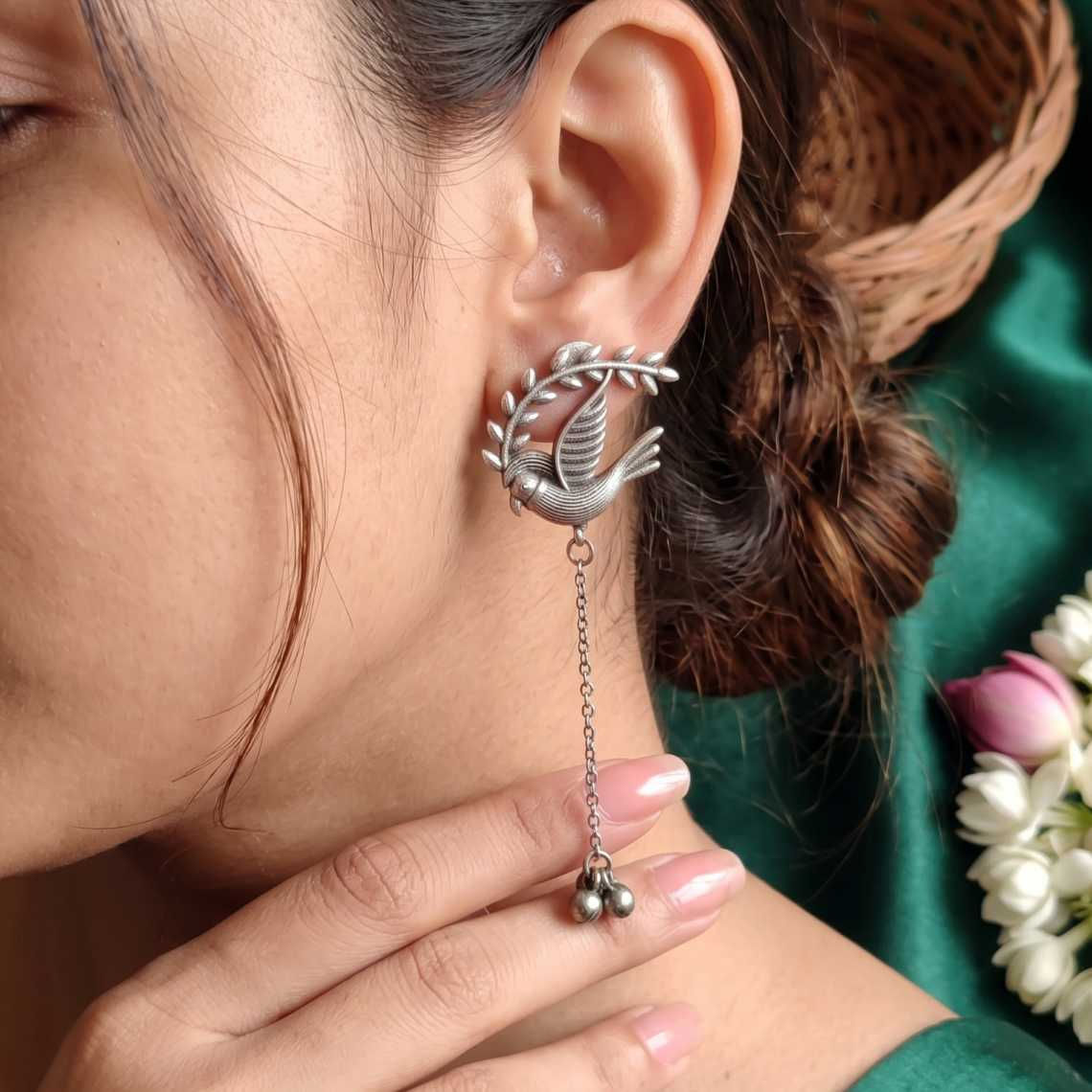 Silver Replica Oxidized Bird & Leaf Branch Drop Earrings fusion vogue