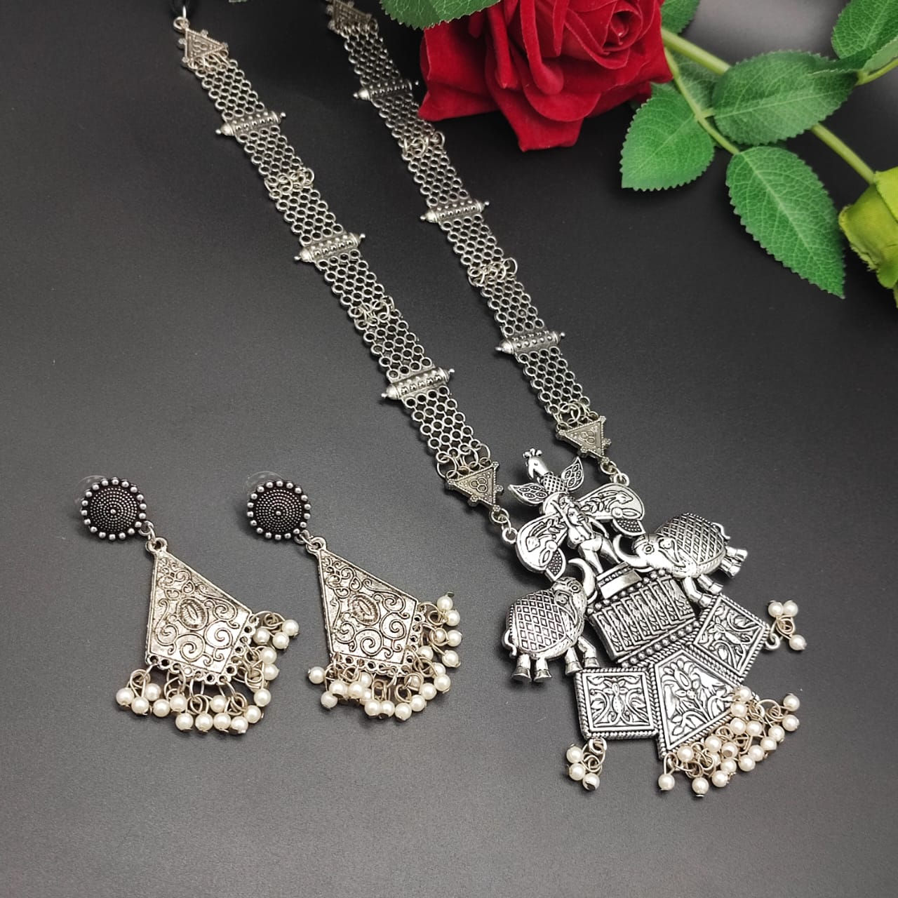 Elephant Long Necklace Earrings Necklace Set 