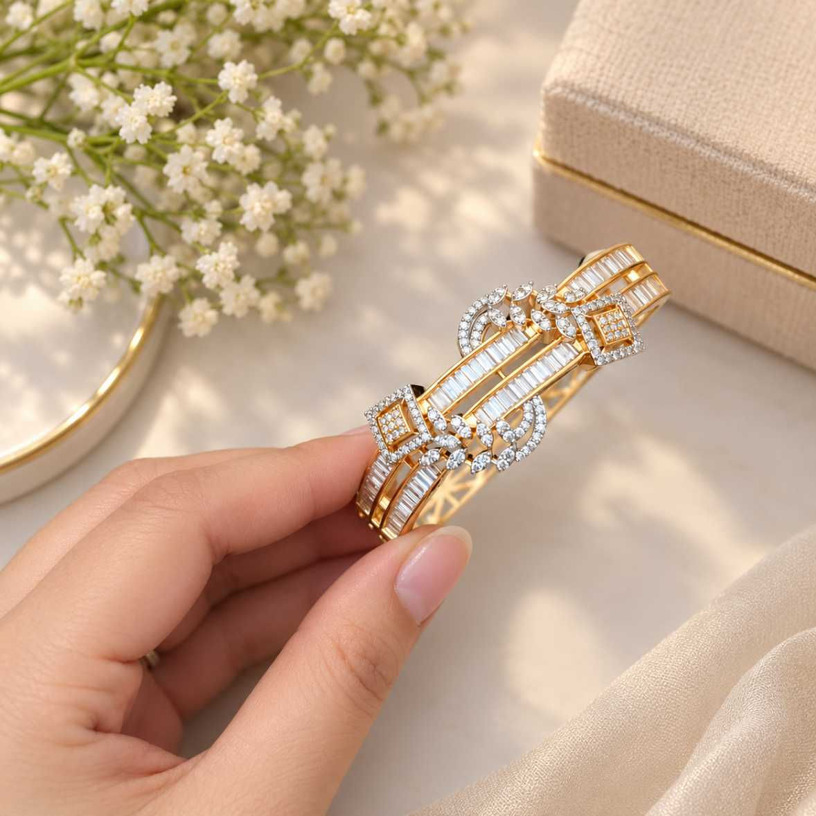 Sparkling Baguette Cut AD CZ Designer Gold Bangle fusion vogue