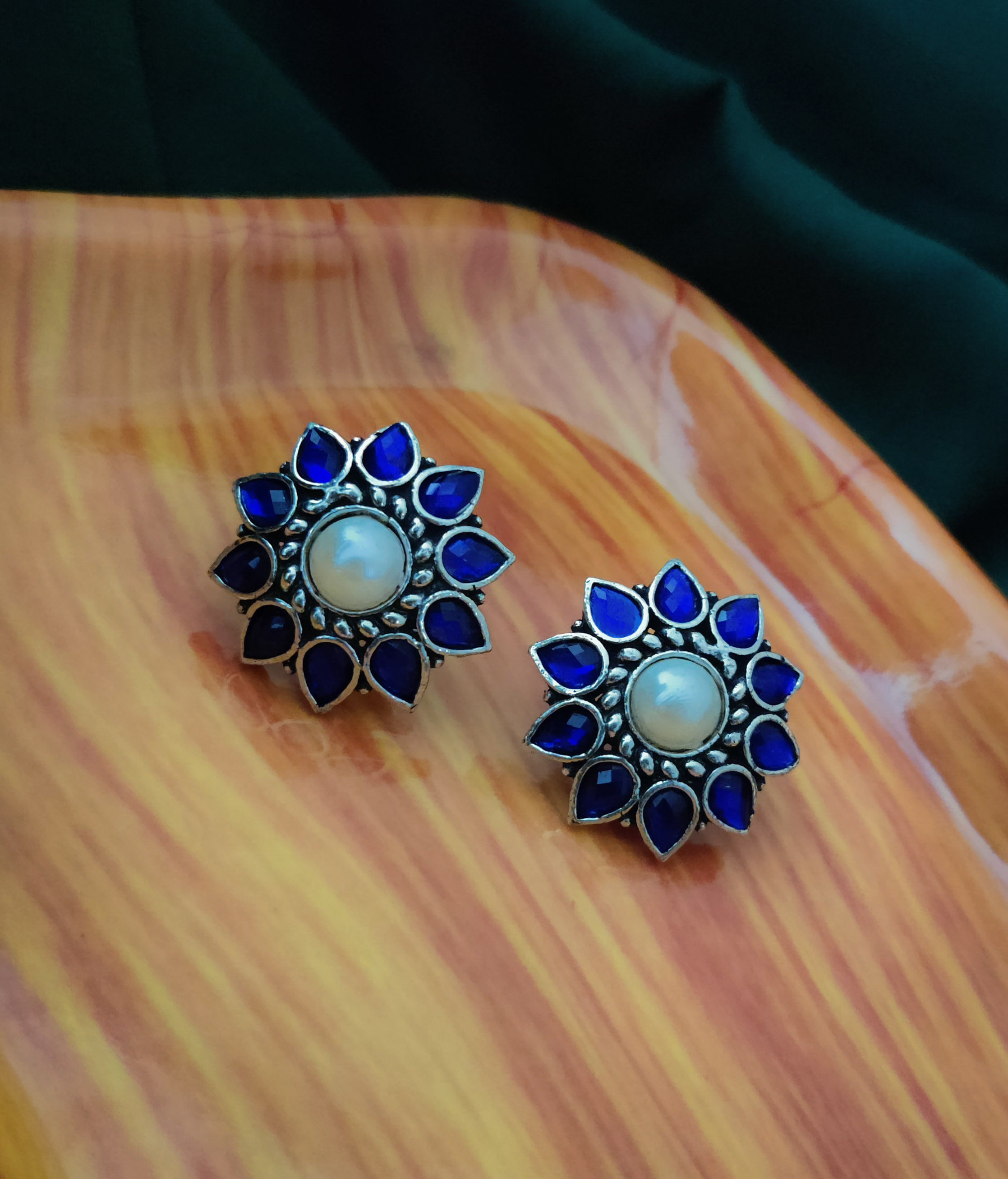 Premium Stone Stud Earrings- Blue pearl