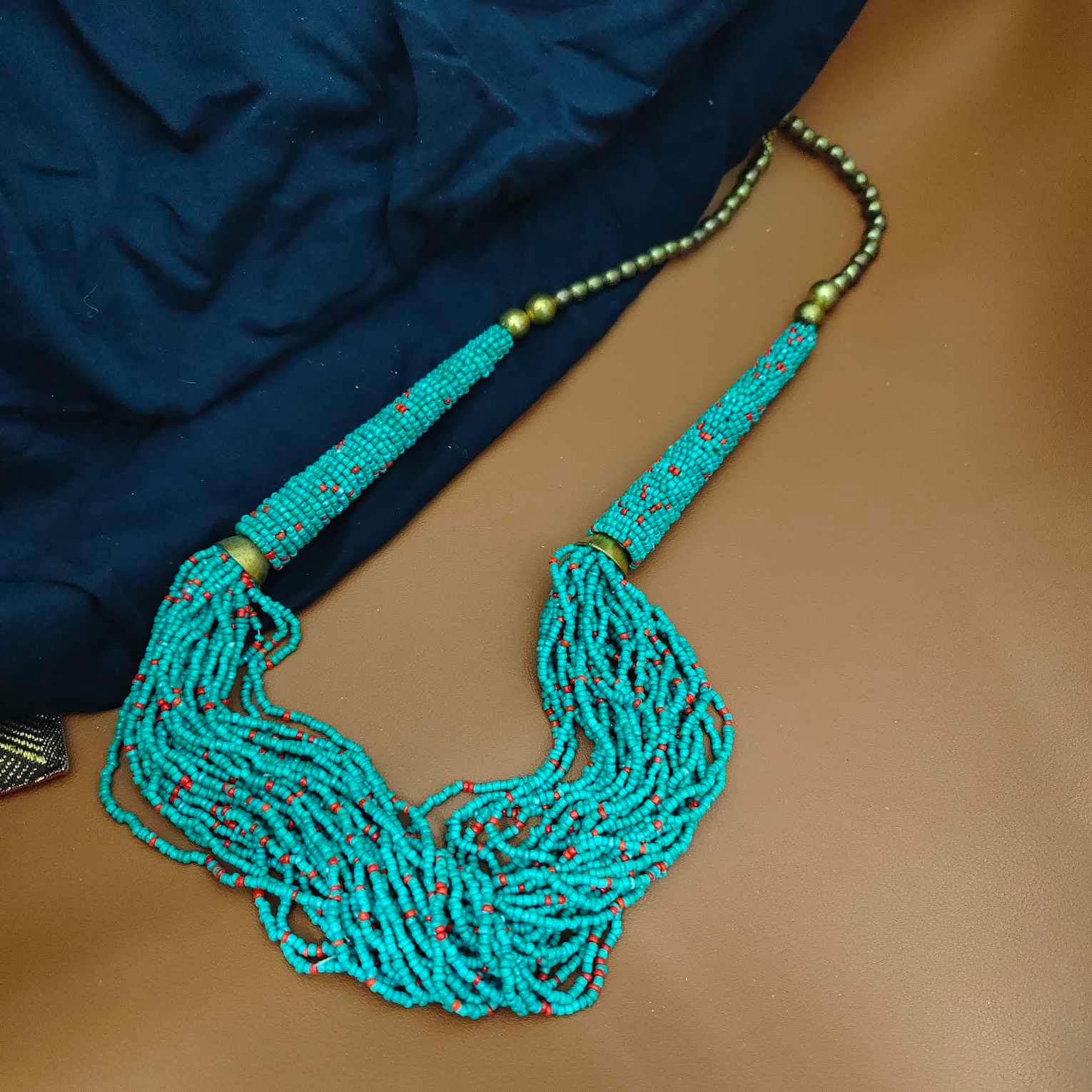 Boho-Style Teal Seed Bead Statement Necklace fusion vogue