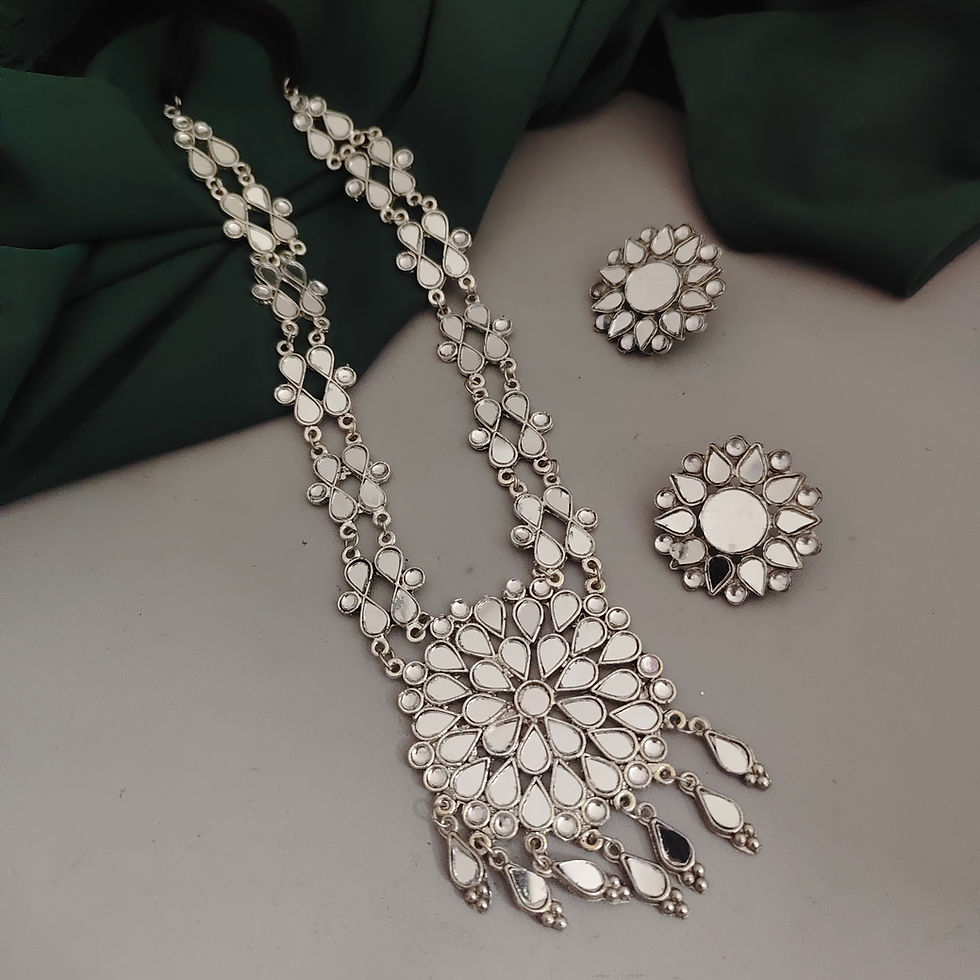 Oxidised Mirror Long Necklace Earrings Set