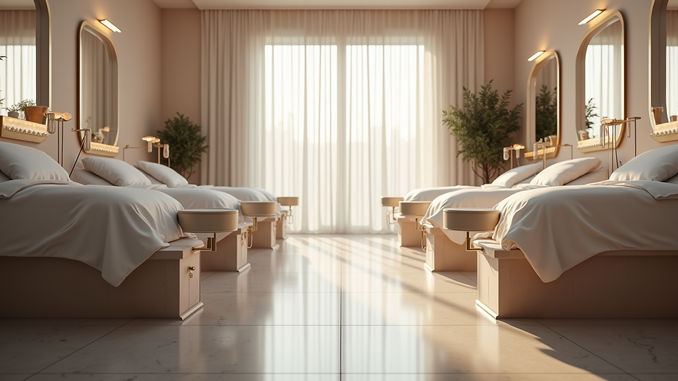 Eye-level view of a modern beauty salon with treatment beds
