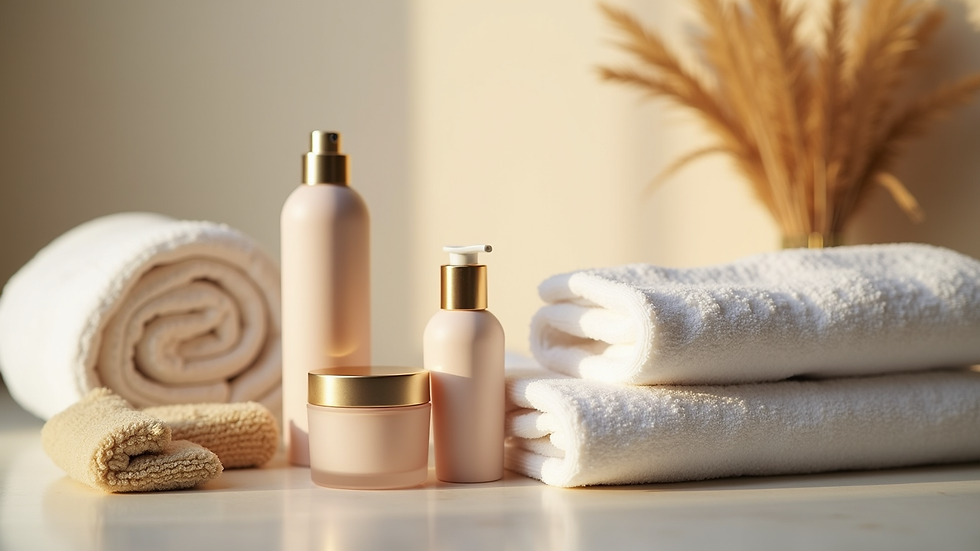 Close-up view of professional spa products arranged neatly
