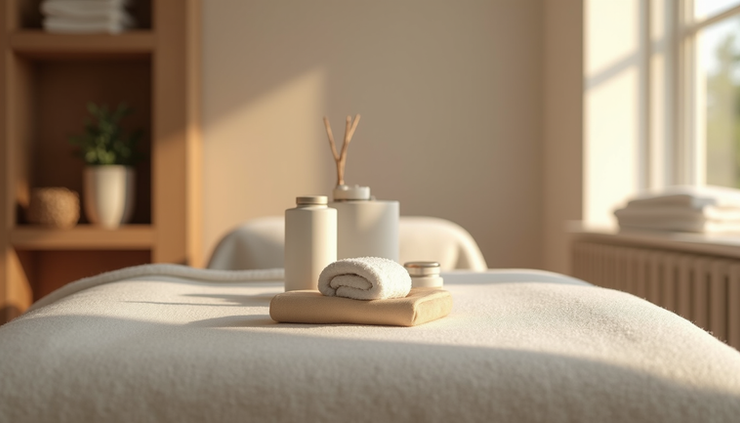 Vue rapprochée d’une table de massage avec accessoires de bien-être