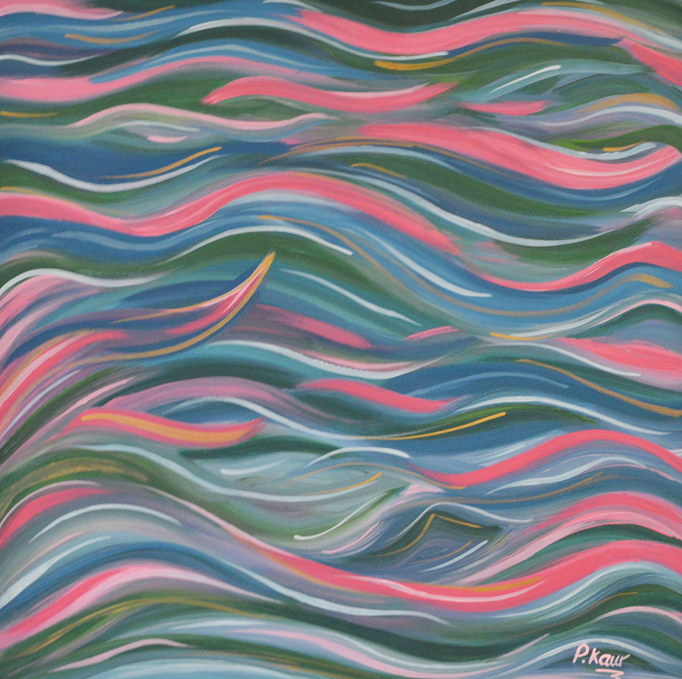 Colourful waves of blue pink green and white