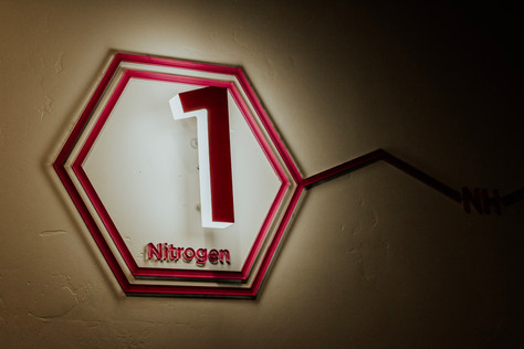 "1 - Nitrogen" dimensional lettering, outlined by a hexagon, with 1 line extending, designed to mimic elemental structure.