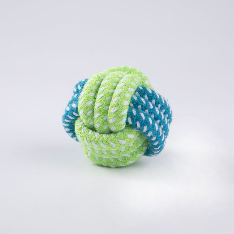 Green and blue knotted interactive cotton rope dog toy ball