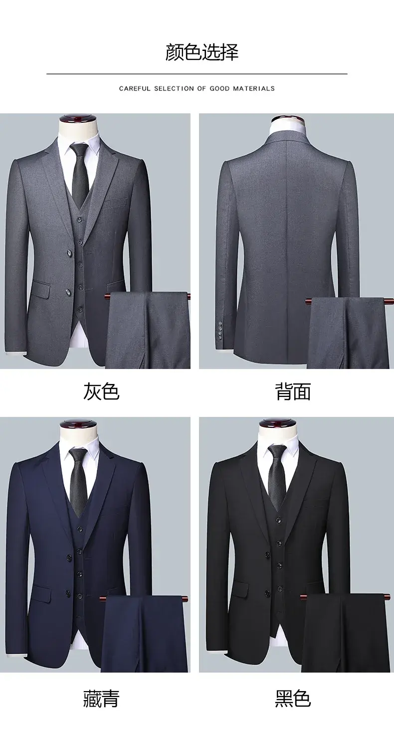 Thumbnail: Men's business suits in grey, navy, and black variants