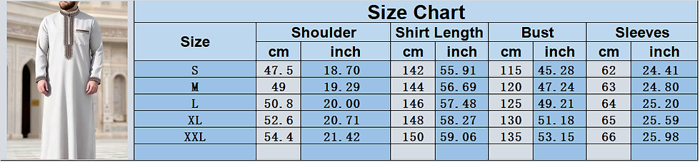 Thumbnail: Size chart for Muslim men's traditional Saudi Arabian clothing.